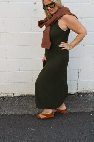 Minimalist olive green knit maxi dress