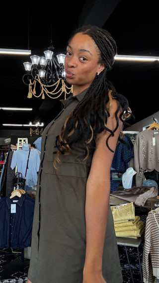 Relaxed fit olive green mini dress with pockets