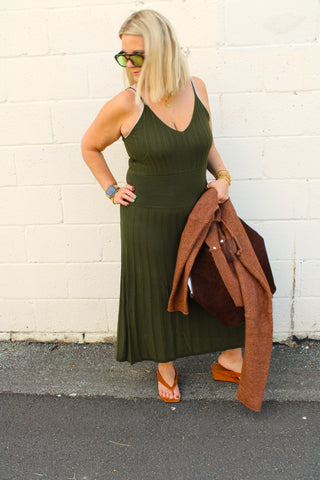 Olive green ribbed maxi dress from Erin Rose Boutique