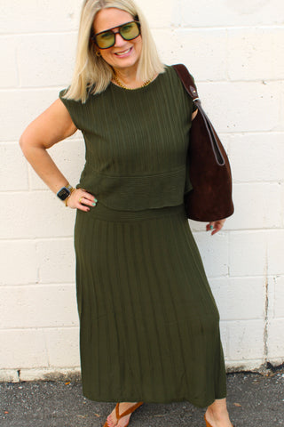 Women's olive green ribbed knit maxi dress