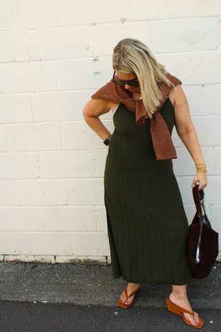 Olive green ribbed maxi dress with waist detailing