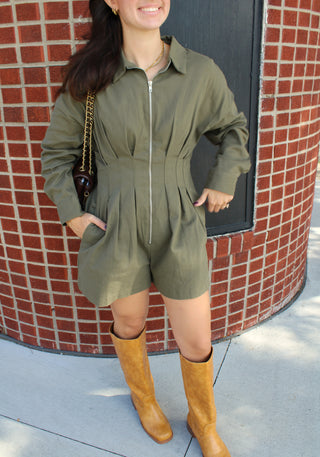 Women's olive green collared long sleeve romper