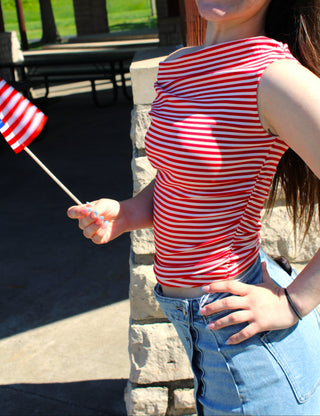 Patriotic red striped top perfect for Fourth of July, summer vacations, and concerts.