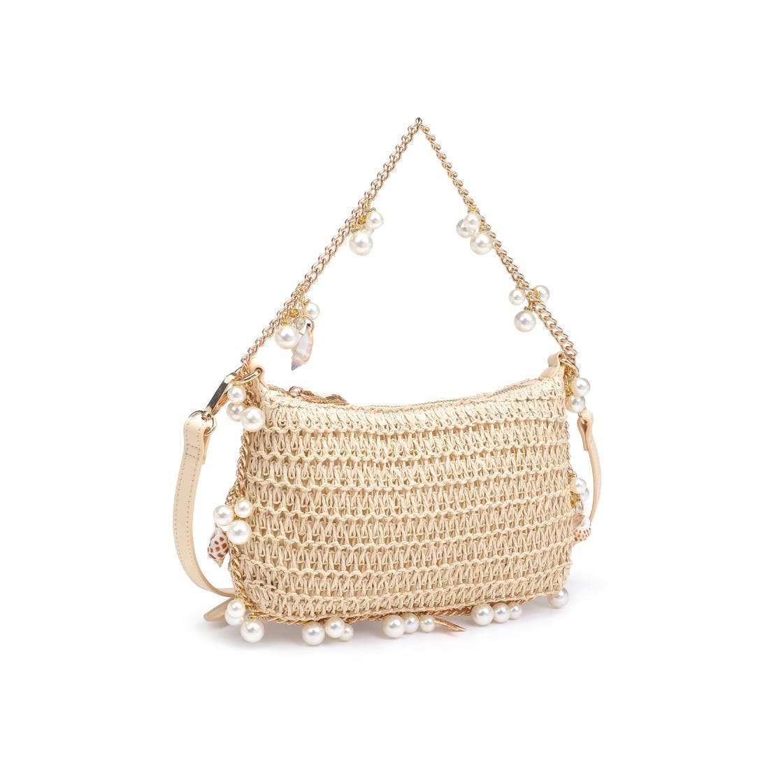 Pearl & Seashell-embellished straw shoulder bag with gold chain strap – beachy and elegant handbag from Erin Rose Boutique