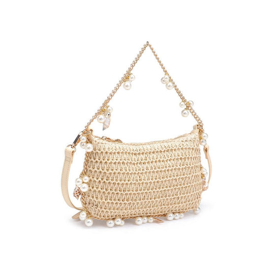 Pearl & Seashell-embellished straw shoulder bag with gold chain strap – beachy and elegant handbag from Erin Rose Boutique
