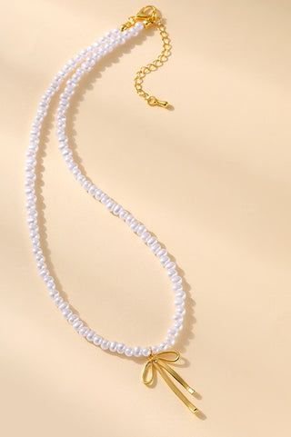18K Stainless Steel Pearl Chain Bow Necklace