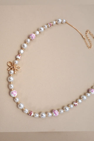 Pink Ceramic Porcelain Pearl Bow Necklace