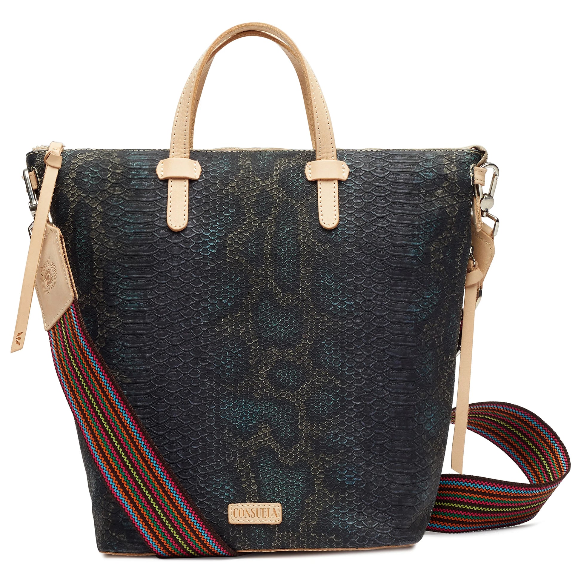 Black snake skin textured leather handbag with a colorful strap on a white background