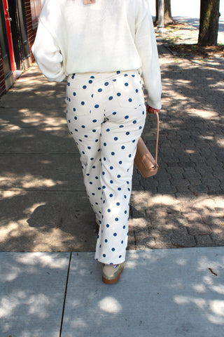 Casual women’s polka dot barrel pants rear view styled for everyday wear