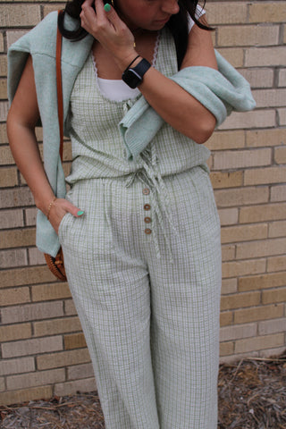 sage seersucker plaid wide leg lounge pants styled casual outfit