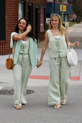 sage seersucker plaid matching set with wide leg pants and tie front top styled casual outfit Kansas City boutique