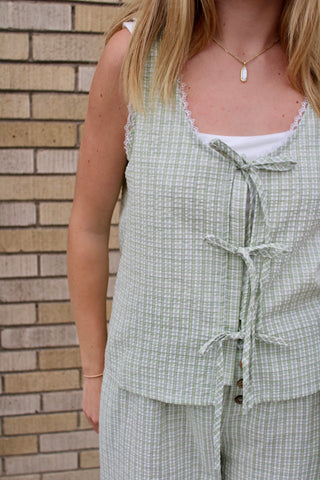 sage seersucker plaid tie front top with lace trim available at Erin Rose Boutique