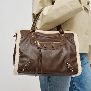 Seraphina chocolate brown satchel bag with cream faux shearling trim and gold hardware