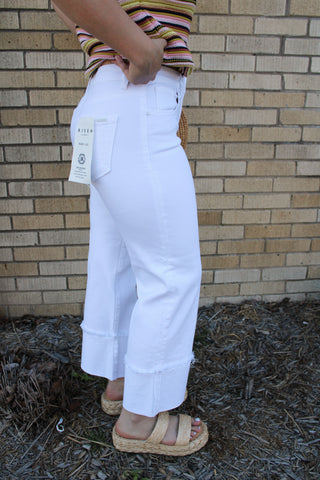 White Risen tummy control jeans with wide cuff hem and high rise fit