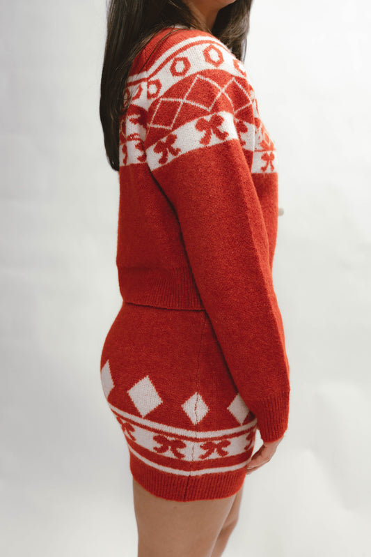 side view of Ever After Fair Isle Knit Set with heart and bow pattern, cozy Valentine’s Day two-piece knit outfit available at Erin Rose Boutique