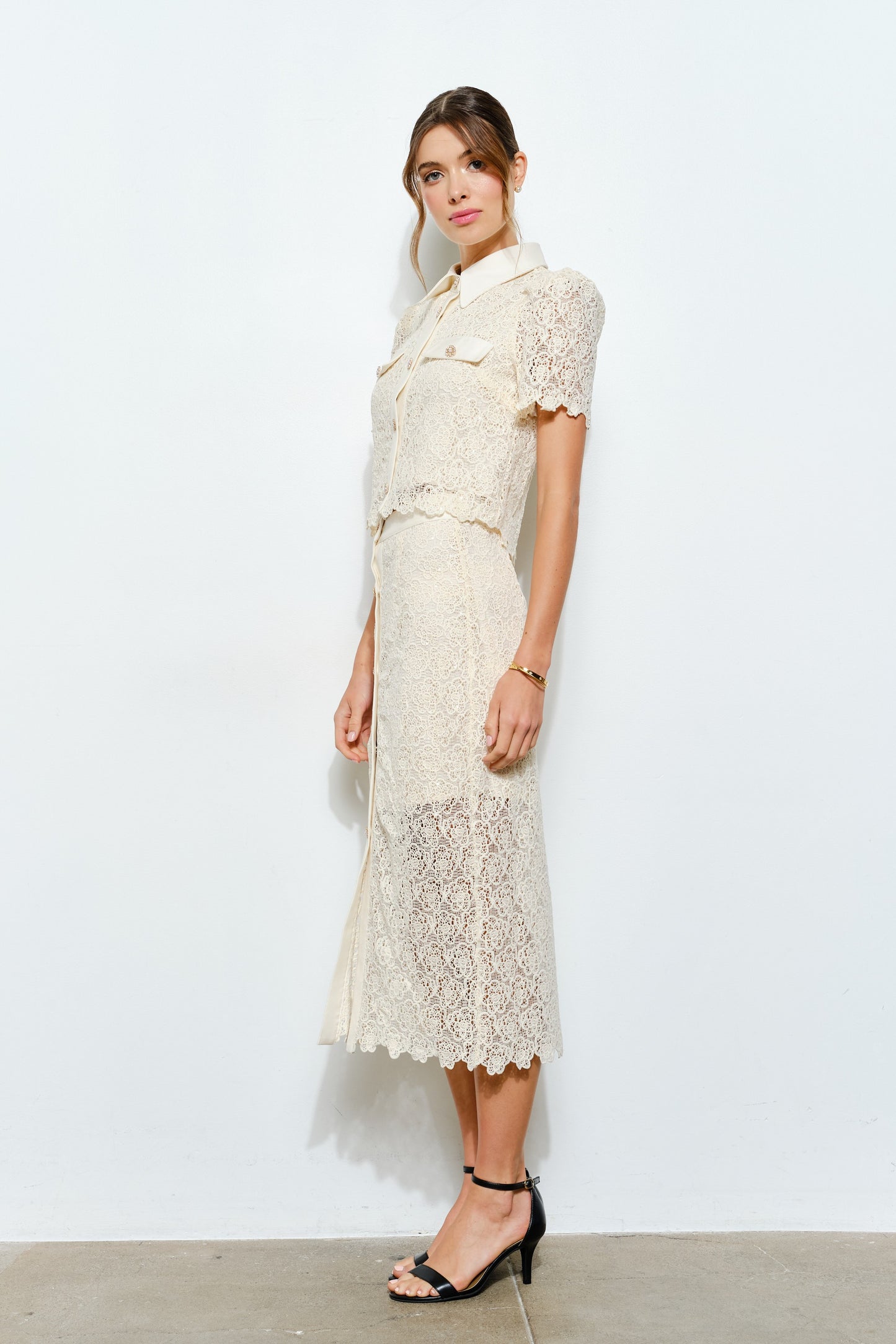 Charlotte Floral Lace Button-front Midi Skirt