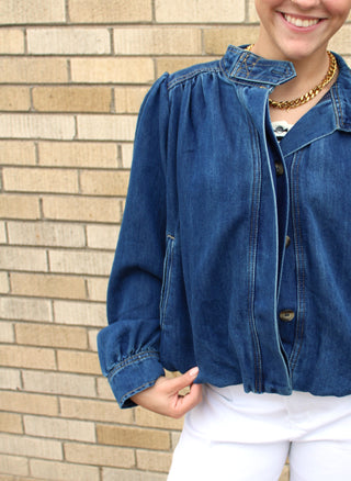 Women's dark wash denim jacket with balloon sleeves and high neck detail available at Erin Rose Boutique