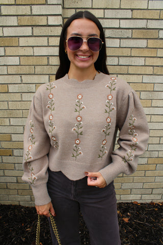 Women's taupe knit sweater with puff sleeves and delicate floral embroidery