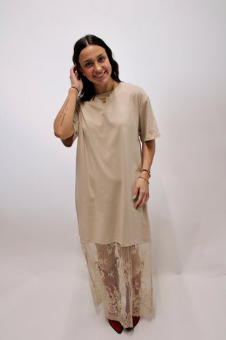 Taupe oversized midi dress with short sleeves and sheer lace hem detail styled with red cowgirl boots