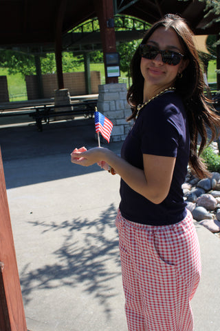 Lightweight cherry gingham pants perfect for summer outfits and patriotic holidays