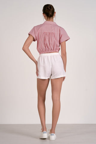 Strawberry Red Stripe Drawstring Button Top w Elastic Waist