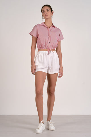 Strawberry Red Stripe Drawstring Button Top w Elastic Waist