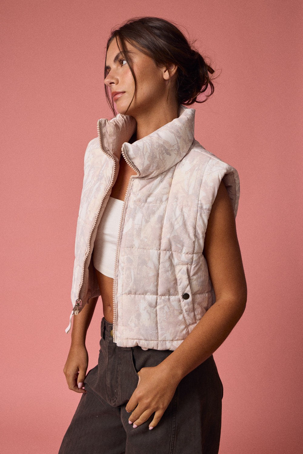 Pink Camo Reversible Cropped Puffer Vest