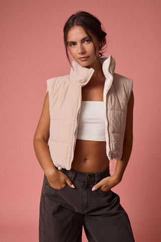 Neutral Pink Camo Reversible Cropped Puffer Vest