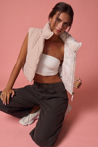 Neutral Pink Camo Reversible Cropped Puffer Vest