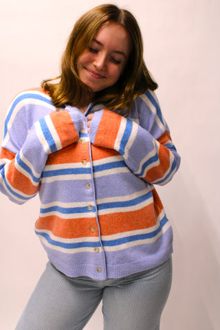 Weekend by the Water blue orange and cream striped button front cardigan
