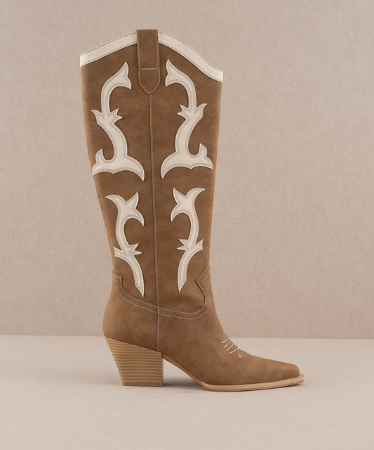 Tan western cowgirl knee-high boots with cream stitching, block heel, and pointed toe – trendy country-inspired women's footwear available at Erin Rose Boutique
