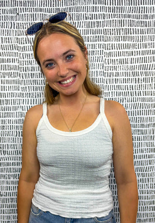 White smocked knit tank top with scoop neckline and subtle texture at Erin Rose Boutique.