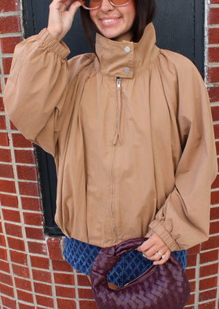 Women's lightweight camel brown fall jacket with funnel neck