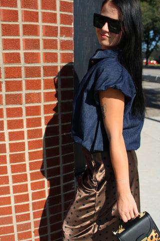 Breken Denim Top side fit on model