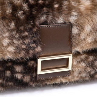 Close up Beverly furry statement purse in fawn brown faux fur