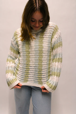 Lightweight open knit sage green and cloud blue striped sweater for transitional weather