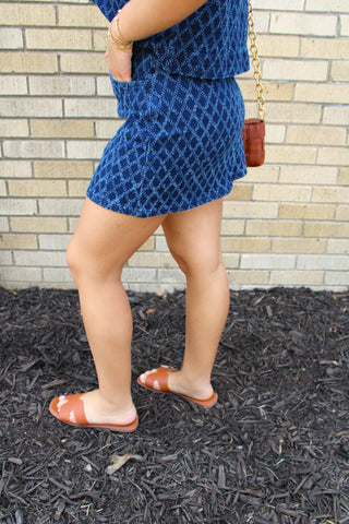 Women's textured diamond denim skirt side view