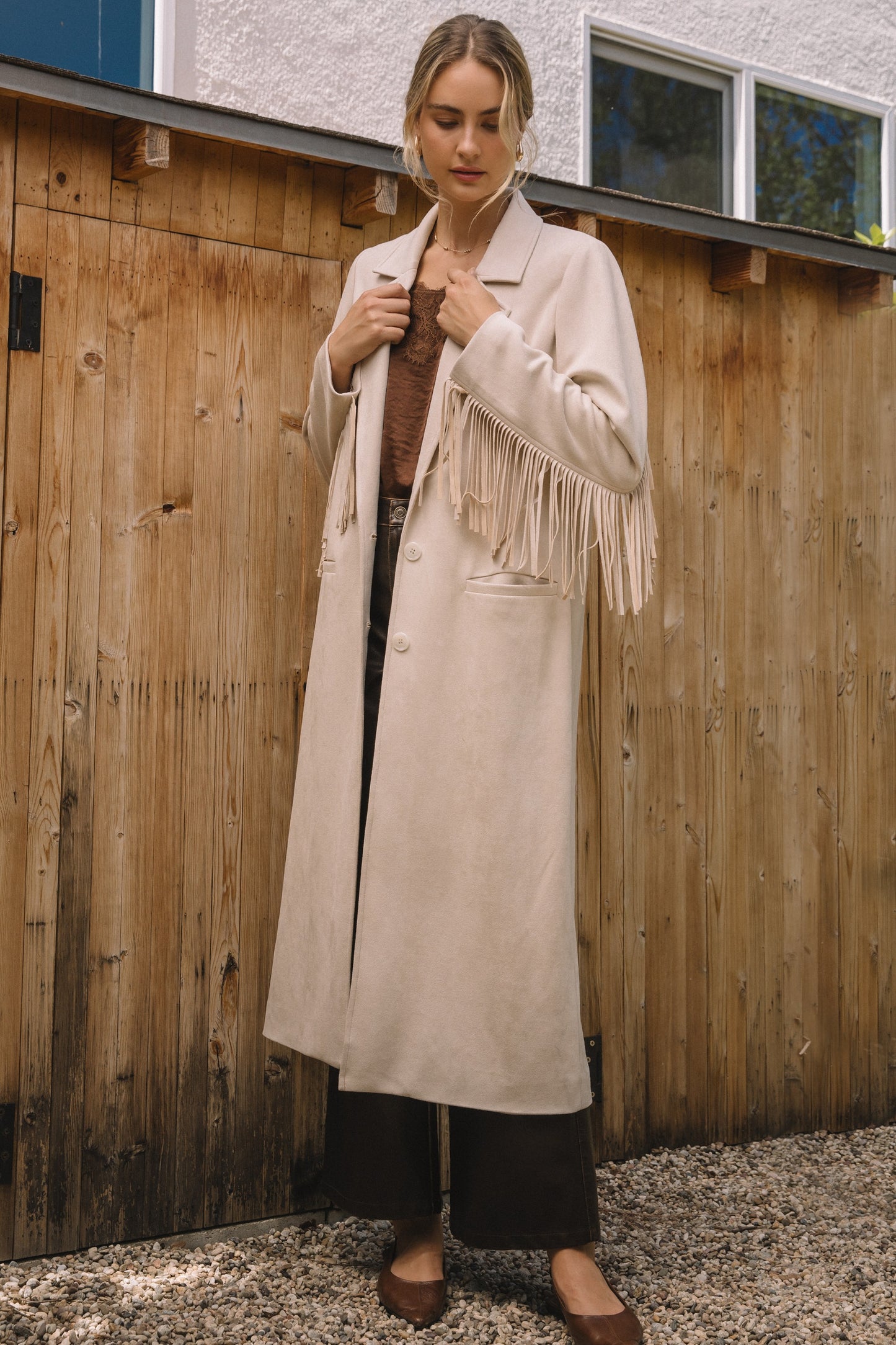 Harper Faux Suede Fringe Detail Maxi Coat