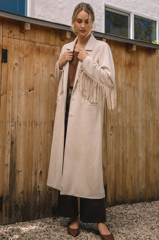 Harper Faux Suede Fringe Detail Maxi Coat