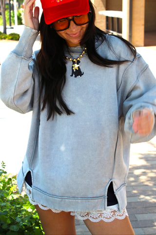 Grey acid wash sweatshirt featuring a golden puppy holding an American flag, styled with oversized fit and ribbed neckline