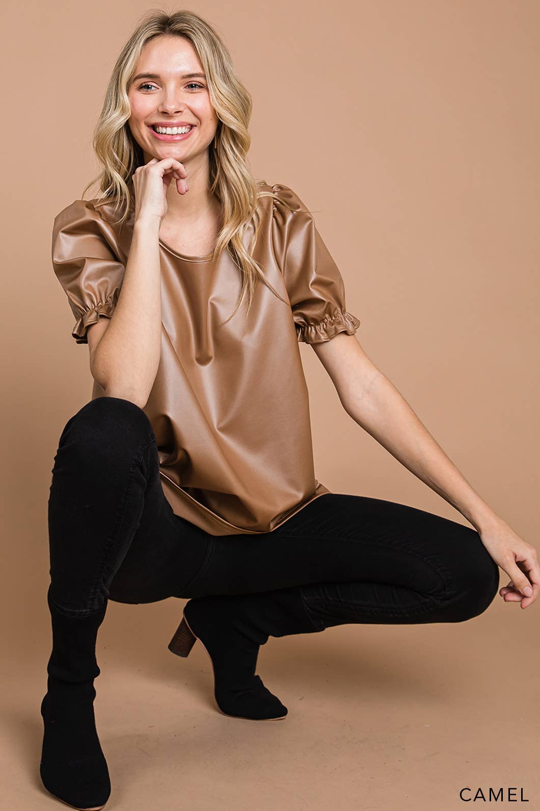 Faux Leather Top w/ Ruffle Sleeve