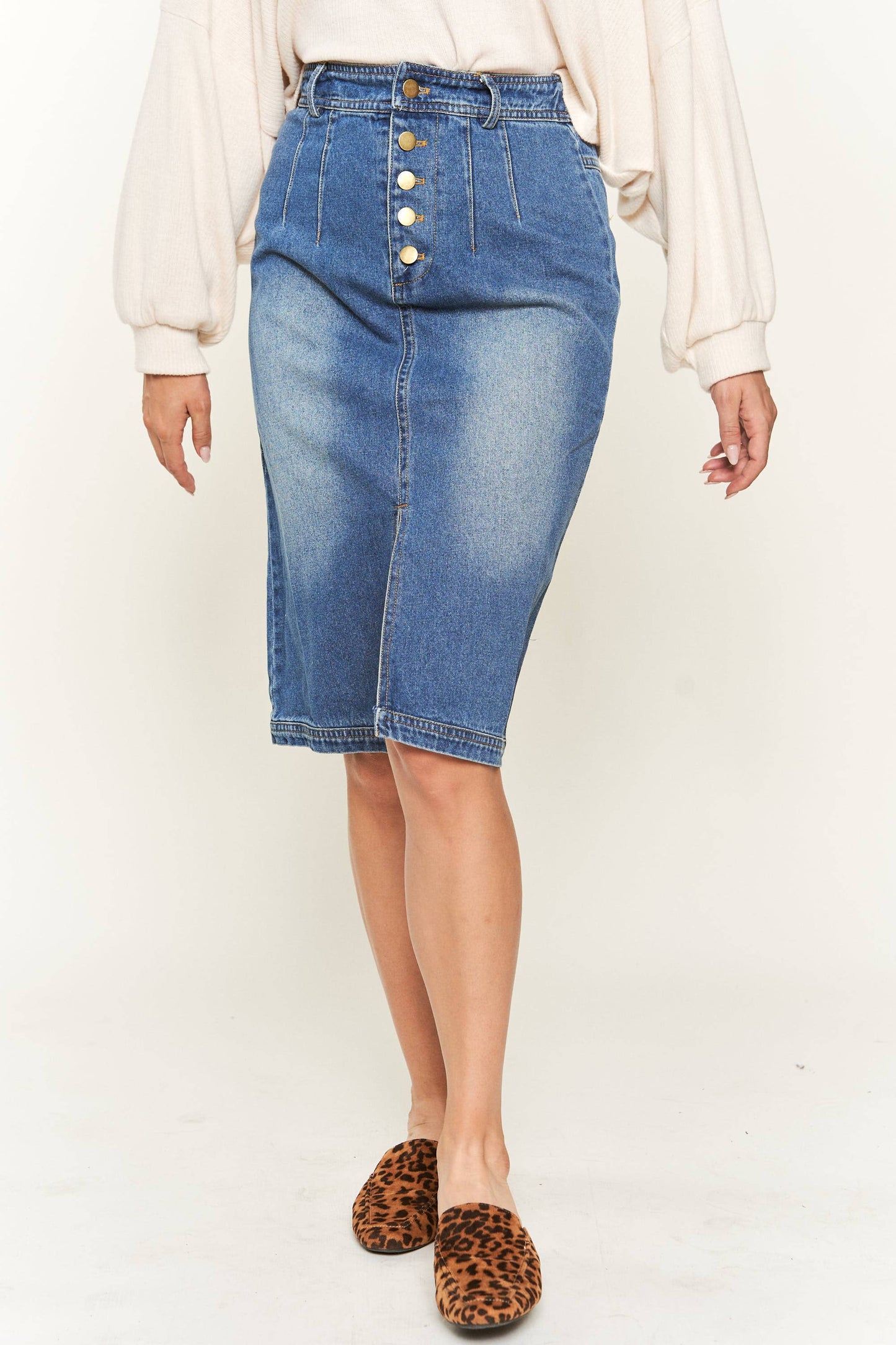 Denim Button Midi Skirt