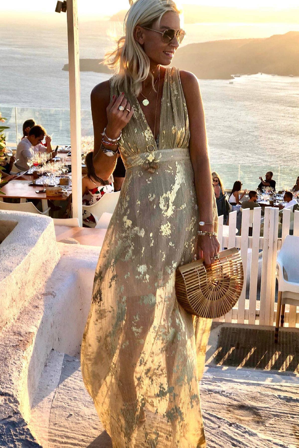 **Final Sale** V Neck Sleeveless Flowy Hem Maxi Dress-Gold