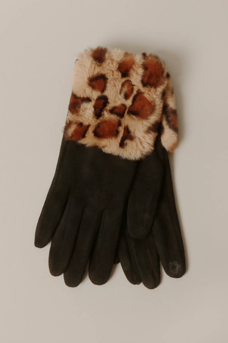 Solid Suede w Faux Animal fur Cuff Smart Gloves