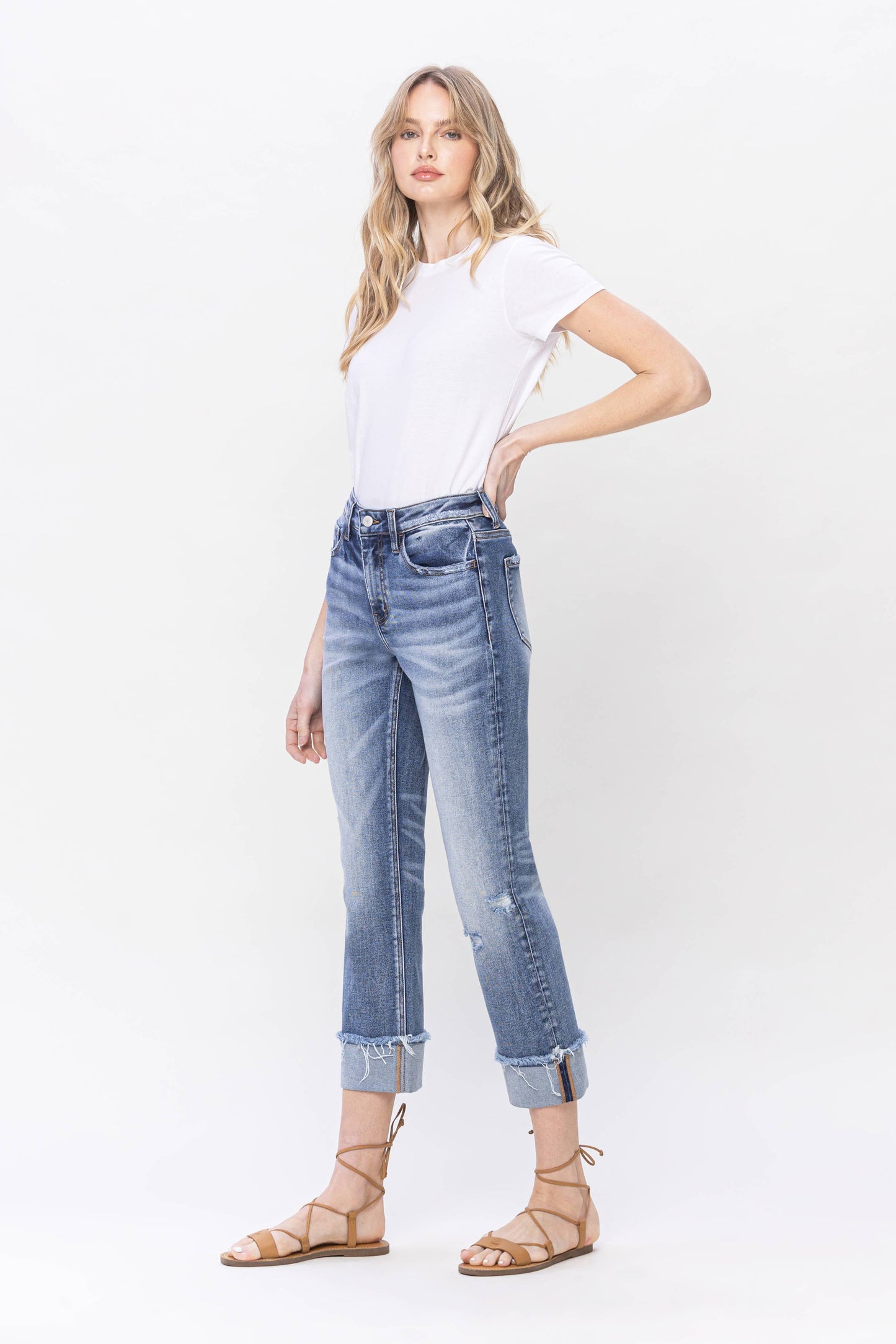 High Rise Cuffed Straight Jeans