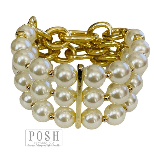 3-strand pearl and gold chain Stretch Bracelet