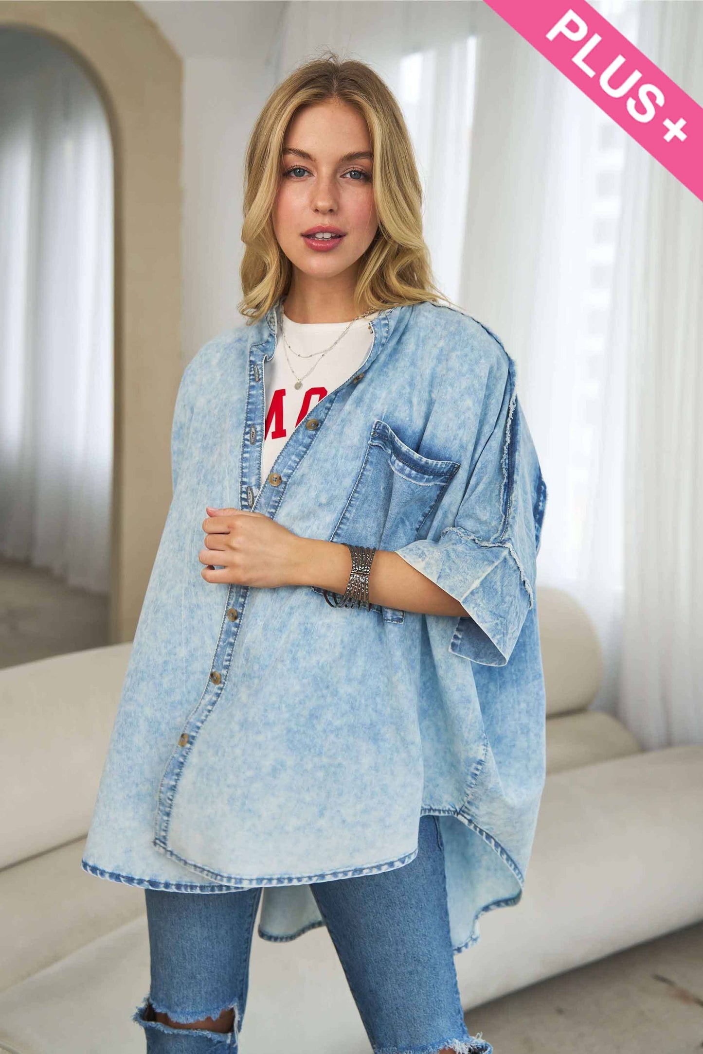 Plus Washed Denim Stand Collar Oversized Shirt