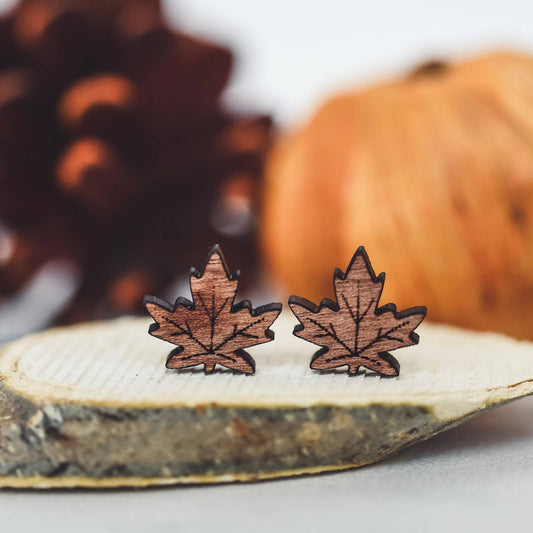 Maple Leaf Wood Studs - Fall Earrings - Harvest