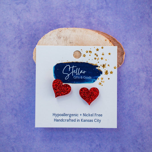 Red Glitter Heart Studs Earrings