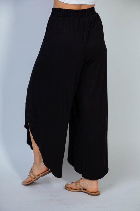 Solid Knit Leg High Slit Pants